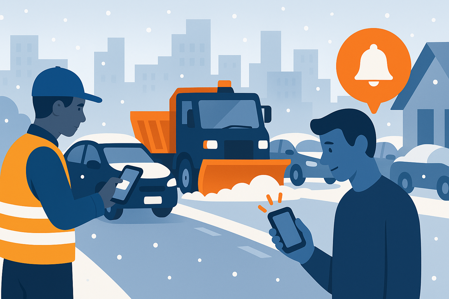 Snow removal operations in a city with parked cars